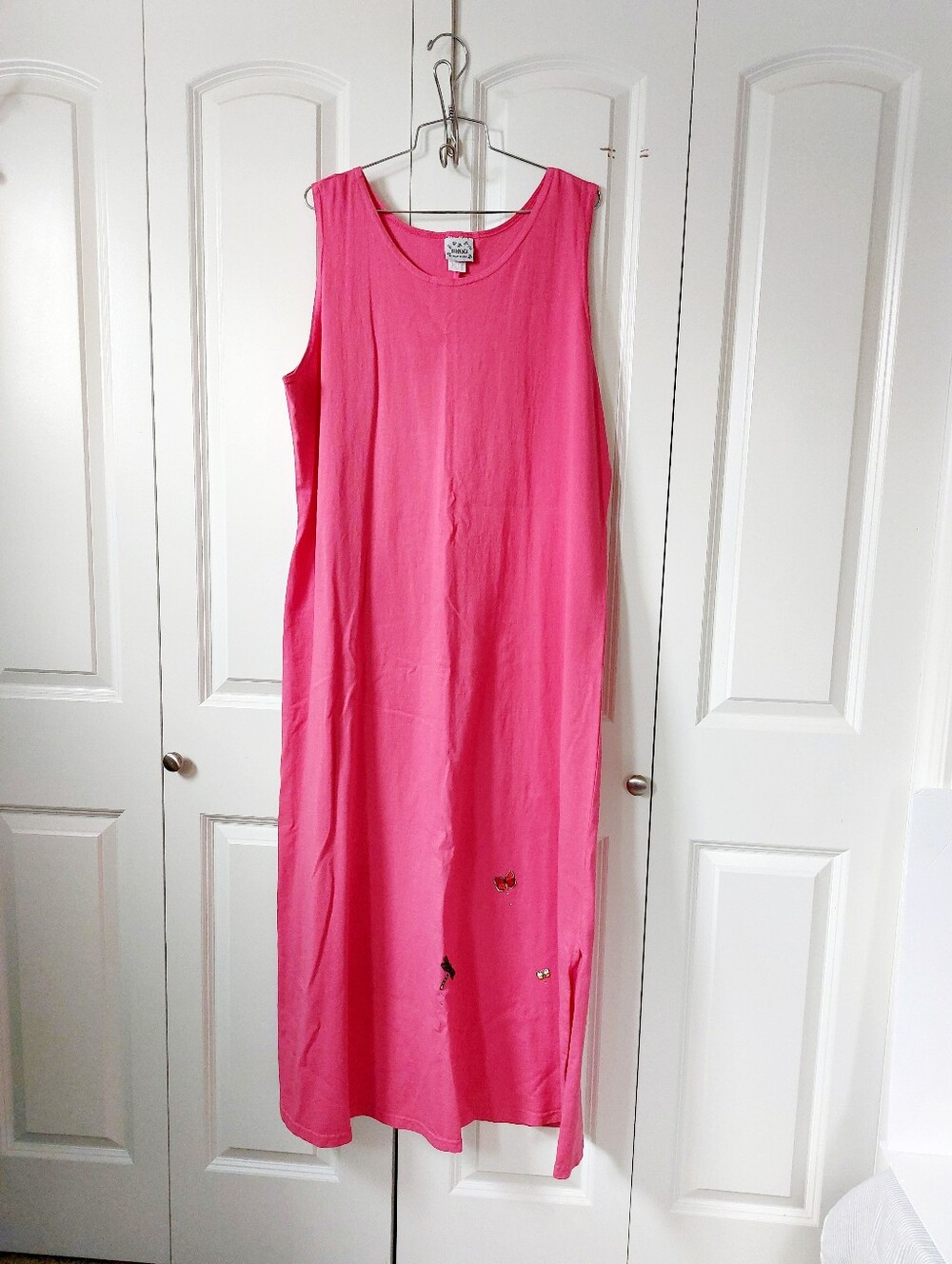 Pink Jersey Knit Dress Butterfly & Dragonfly XL 90s Cottagecore Granny Teacher